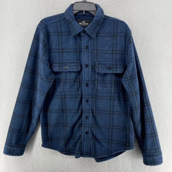 Hollister Fleece Shirt Mens Sz M Blue Black Plaid Button-up Long Sleeve Shacket - Picture 1 of 10